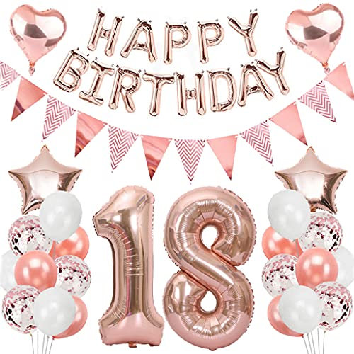Oucenwin Palloncini 18 anni Compleanno Oro Rosa, Giganti Foil Palloncini Numero 18, Palloncini Happy Birthday Ghirlanda, Banner di Gagliardetto, Festa di Compleanno Kit Decorazioni per 18 Ragazza