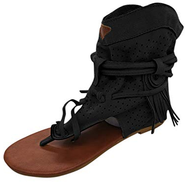 Julhold Sandalen Sommer Offene Schuhe Slingback Sandalen Strand Retro Lässige Mode Flache Fransen Hohle Flip Flops Damen Sandalen Riemchen Flache Sandalen Zehentrenner Sandaletten(Schwarz,40)