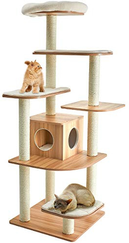 COSTWAY Arbre a Chat XXL en Bois 175 cm, 4 Poteaux à Griffer en Sisal, 7 Plateformes, Condo, Brosse d'Toilettage, Arbre a Chat Maine Coon, Peluche Lavable, pour 4-6 Chats, 60 x 60 x 175 cm, Naturel