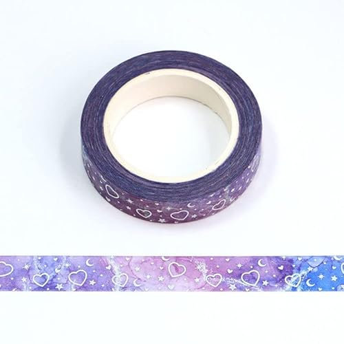 Ruban adhésif décoratif Washi en feuille d'argent avec cœurs et étoiles 10 mm x 10 m