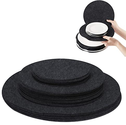 Felt Plate Storage Dividers Protectors, 48 Pieces Felt Round Plate Separators Pads Dish Storage Protectors Pads with 3 Sizes for Packing Stacking Cookware, Black