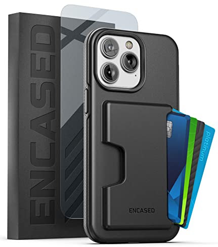 Encased Shockproof Wallet Case Designed for iPhone 14 PRO with Card Holder and Screen Protector (4 Credit Cards/IDs) - Black
