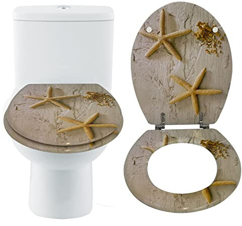 AQS INTERNATIONAL - Novelty Luxury Wooden Toilet Seat - Oval Shaped, Resin Retro Durable MDF 3D Effect Printed Design, Stainless Steel Adjustable Hinges, WC Toilet Seat (Star Fish Design)