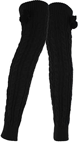 MilyaDE Damen Lange Winter Gestrickte Stulpen mit Pompon, Beinwärmer Overknee Strümpfe Legwarmers Beinstulpen Kniestrümpfe, Schwarz