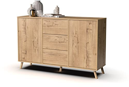 MUEBLES PITARCH | Aparador Salón Comedor, Buffet, Mueble Auxiliar, 2 Puertas y 3 Cajones, Roble Gold, 89x140x40cm, Despensa, Cocina, Despacho, Tirador Push o Pulsador, Moderno, Nórdico, Modelo Oslo