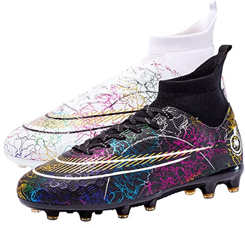 Csgkag Chaussures de Football Homme High Top Spike Profession Athlétisme Entrainement Chaussures de Sport en Plein Air Adolescents,Noir Blanc,EU44