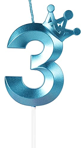 Yiran Geburtstagskerze Zahlen 3, 8cm Blau Mit Krone - Tortendeko, Kuchendeko, Kerze für Geburtstagsdeko, Nummer 3