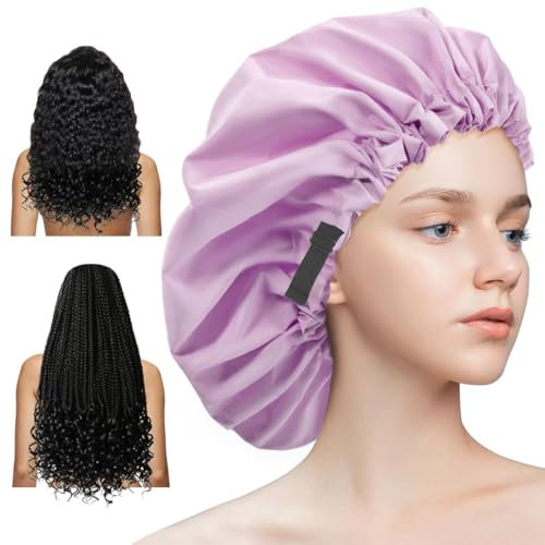Aquior Extra Adjustable Shower Caps, Double-Layer Waterproof Reusable Hair Cap, Large Size for All Hair, Girls Spa Bath, Soft and Comfortable (Purple)