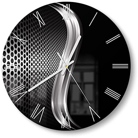 DEQORI Glasuhr | rund Ø 30 cm | Motiv Gitter mit Silberschweif | ausgefallene leise Design Uhr aus Glas | Wanduhr für Wohnzimmer & Küche | moderne Hingucker Uhr für die Wand