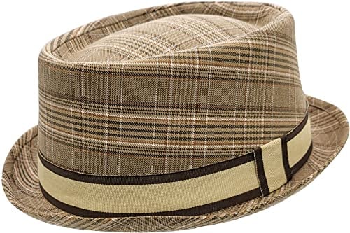 FIDRA Checked Porkpie Hat with Stripe Band, 2 Colours (Brown)