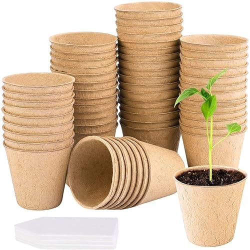 zukent 8CM Round Fibre Plant Pot Biodegradable Seed Pots with White Plastic Plant Labels Gardening Seeding Cups for Growing Vegetables, Fruit, Herb, Flower - 50Set