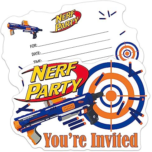 ERHACHAIJIA Einladungskarten in Form einer Nerf-Pistole mit Umschlägen, lustiges Partyspiel, Dart-Krieg, Geburtstagseinladungen für Jungen, Teenager, Erwachsene, Nerf-Liebhaber, 20 Stück