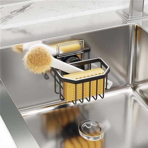 TAILI Kitchen Sink Caddy,Dish Sponge Holder for Kitchen Sink with Strong Sucion,Kitchen Organizer for Sponge,Brush,Stopper and Scraper,Removable,Rustproof,Keep Sink Tidy-Black