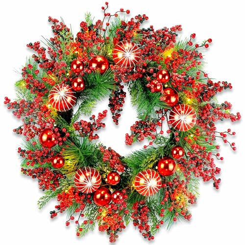 YULETIME Weihnachtskranz mit roten Beeren, 61 cm, künstlicher Weihnachtskranz mit roten und lila gefrosteten Beeren, roten Kugeln, grünen Leyland-Zypressenzweigen und Tannennadeln (EU ohne Lichter)