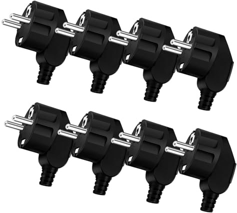 Schuko Stecker 8 Stück Schukostecker Winkelstecker Langlebig 250v/16A | Stromstecker Schutzkontaktstecker Bruchfest mit Knickschutztülle Aussen Wasserdicht Gummistecker für 7-11mm Kabel (Schwarz)