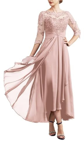 SAMHO Robe à manches 3/4 pour mère de la mariée - En mousseline de soie - Robe formelle - Robe de soirée pour mariage, vieux rose, 46