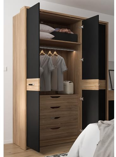 Lomadox Kleiderschrank mit Schubkasteneinsatz, inkl. Beleuchtung, Eiche mit schwarz matt