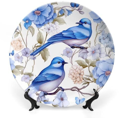 Blue Birds Flowers Bone China Plate with Stand Round Decorative Plate Vintage Home Wobble-Plate 8inch