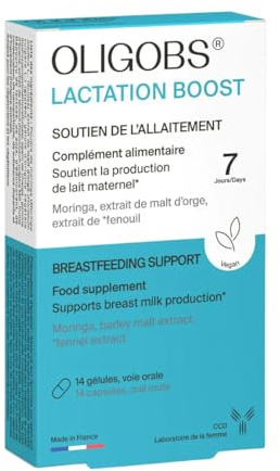 Oligobs Lactation Boost | Nahrungsergänzungsmittel zur Förderung der Muttermilchproduktion | Moringa, Fenchel, Gerste | 14 Kapseln | Vegane Formel