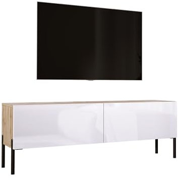 3E 3xE living.com Mobile TV largo 140 cm in colore Rovere wotan/Bianco lucido con gambe dritte in Nero, D: L: 140 cm, A: 52 cm, P: 32 cm