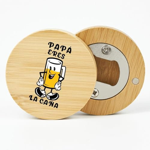 Abridor Regalo Original para el Día del Padre | Abrebotellas de Bambú con Frase Divertida para Papá | Abridor con Imán. (Papá eres la caña)