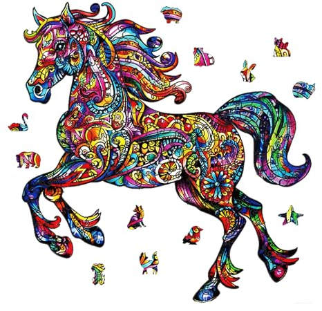 GLOBLELAND 200Pcs Horse Wooden Jigsaw Puzzles for Adults 11.33x10.91inch Wood Children Puzzle Colorful Unique Shaped Wooden Puzzle for Christmas Birthday Gifts Family Games