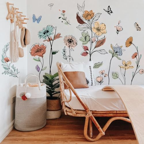 Runtoo Wandtattoo Boho Blumen Wandaufkleber Bunte Retro Blumen Pflanzen Wandsticker Wohnzimmer Schlafzimmer Kinderzimmer Babyzimmer Wanddeko