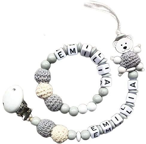 2er Set personalisierte Kette mit Namen für Junge in Blau Baby Geschenk personalisiert zur Geburt & Taufe Häkelperlen (Grau Weiß Teddy Set)