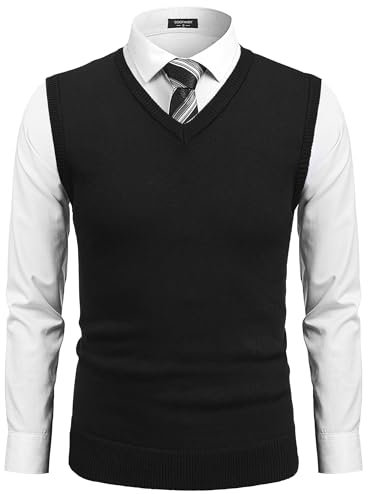 COOFANDY Men's Sleeveless V-Neck Sweater Vest Knitted Slim fit Knitwear Casual Business Waistcoat Black S