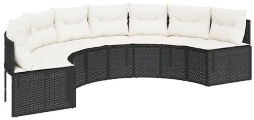 vidaXL Gartensofa mit Kissen Halbrund Schwarz Poly-Rattan, Terrassensofa, Loungesofa, halbrundes Sofa, Outdoor Sofa, Loungemöbel, Sofa halbrund