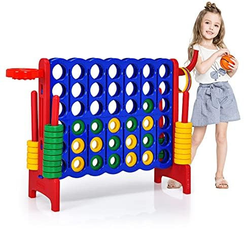 Riesiges 4 Gewinnt Spielset mit Wurfspiel und Basketballkorb, inkl. 42 Jumbo Ringen und Schieberegler zum schnellen Neustart, Vier in Einer Reihe Spiel groß (Blau + Rot)