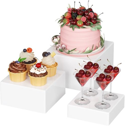 Lifewit Presentoir Aperitif Buffet, Lot de 3 (20/18/15 cm) Présentoirs pour Gâteaux en Plastique, Desserts, Objets de Collection, Bijoux, Support Cubique Emboîtable en Différentes Tailles, Blanc