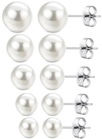 ZKGYUS 5 Paar Perlenohrringe Silber 925, Perlenohrringe, Weiße Perlenohrstecker, Damen Ohrstecker, Perlen Ohrringe Damen, Perlenohrstecker mit echten Perlen, Ohrringe Set für Damen Mädchen, 3-7mm