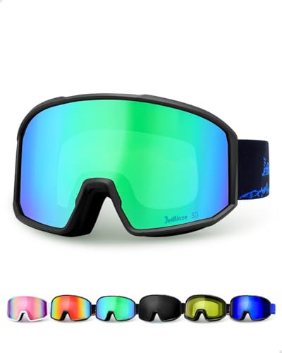 JetBlaze Ski Goggles Men Women Unisex OTG Ski Goggles for Glasses Wearers Snow Goggles Anti Fog Snowboard Goggles Ski Goggles for Skiing Compatible Helmet Cylindrical Mirrored Green Lens