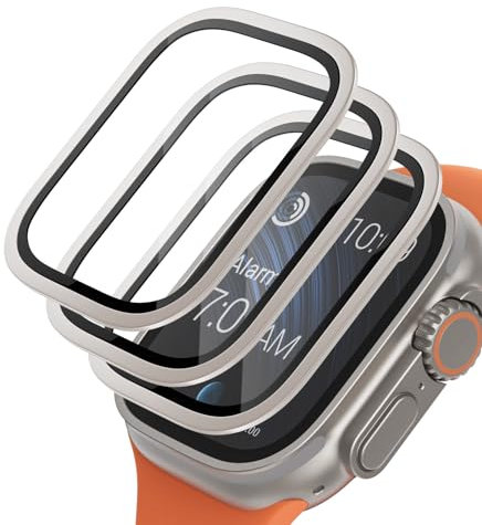 Tuocal Protection Écran Compatible pour Apple Watch Ultra/Ultra 2 49mm, 3 Packs Cadre en Alliage De Titane Avec Verre Trempé 9h Anti-Rayures, Haute DéFinition Protection de Qualité Militaire