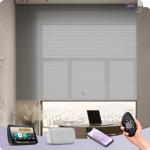 Customized WiFi Smart Shangrila Blinds with Hardwired Motor Light Filtering Electric Roller Blinds Remote Control Privacy Motorised Shades Jacquard Grey
