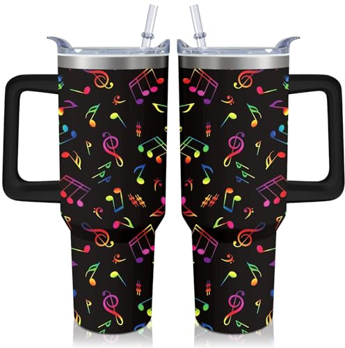 Kearscupra 40oz Music Teacher Gifts Tumbler with Handle and Straw, Musical Note Insulated Stainless Steel Cup, Travel Coffee Mug Water Bottle, Appreciation Birthday Gifts for Women Men
