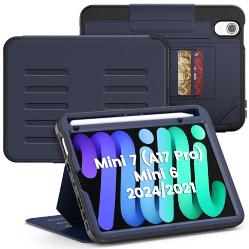 SEYMAC Case for iPad mini 7 (A17 Pro) / Mini 6 8.3″, Full Protective Auto Sleep/Wake Strong Magnetic Cover with 5 Standing Angles, Pencil Holder, Blue