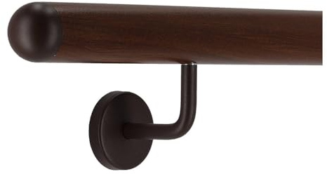 TIBU Handlauf Aluminium Nussbaum Holz Dekor 30-600cm Wandhandlauf Treppe gewinkelte Edelstahlhalter, Länge 120 cm mit 2 Halter und halbrunde Kappe