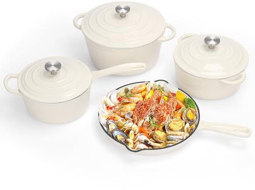 QuliMetal Nonstick Enameled Cast Iron Cookware Set, 7-Pcs Pots and Pans with Lid, Frying Pan Skillet, Sauce Pan, Healthy Round Dutch Oven Pot for Sourdough Bread Baking on All Stovetop, Cream White