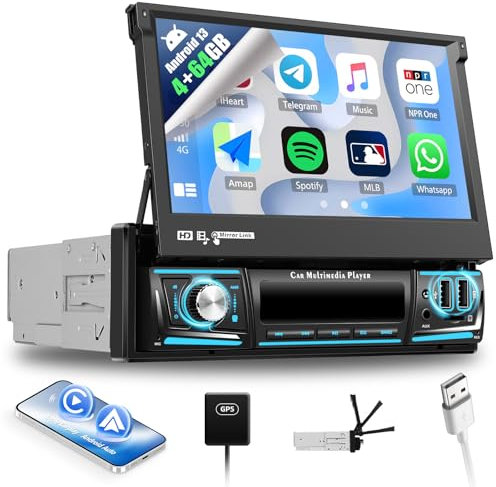 SIXWIN [4+64GB] 1 DIN Android 13 Autoradio mit Carplay Android Auto Mirrorlink,7 Zoll Touchscreen Bildschirm Ausfahrbarem Manuelle mit WiFi GPS Bluetooth RDS/FM 32EQ USB TF