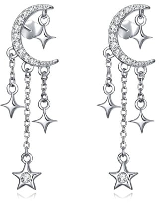 YEESIA Mond Stern Ohrringe Damen 925 Sterling Silber Quasten Himmlische Ohrringe mit Funkelnden Zirkonia Muttertagsgeschenke Himmlische Schmuck Geschenk for Damen