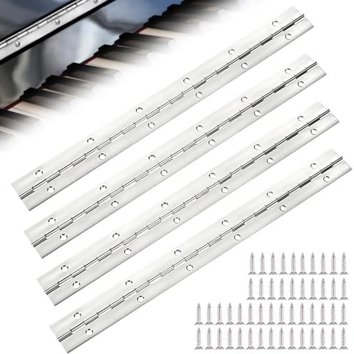 4PCS 12 Inch Piano Hinges Heavy Duty, 300mm Long Continuous Hinges with 50 Screws, Stainless Steel Polished Metal Hinge for Pianos Wood Cabinet Door Large Window Boats Toolbox