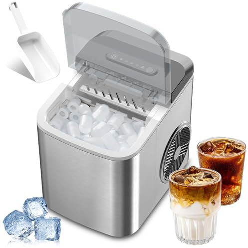 Ice Maker Machine for Home - 12kg/26lb in 24h, Ice Ready in 6 Mins, 2 Sizes, Stainless Steel Portable Clear Ice Cube Maker for Kitchen, Party, Bar