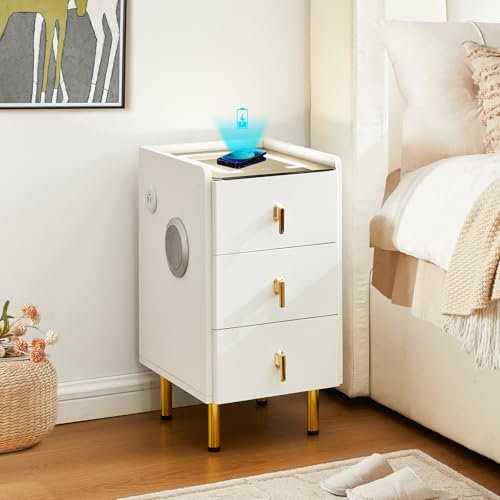 CLIPOP 3 Drawers Bedside Table with LED Lights, Slim Bedside Table with Wireless Charging and Bluetooth Speaker, Type-C and USB Charging Ports, Modern Smart Nightstand Cabinet for Bedroom Living Room
