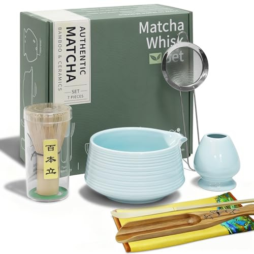 Matcha Tea Set - Matcha Whisk Set with Whisk, Whisk Holder, Ceramic Matcha Bowl, 2 Teaspoons - Japanese Accessories for Matcha Ceremony, Perfect for Preparation