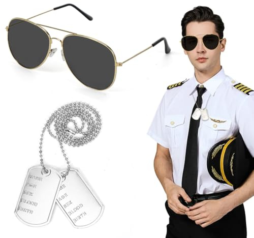 MorLuks Flieger Verkleidung Accessoires, Flieger Captain Kostüm Set, Silber Erkennungsmarke Kette Metall + Sonnenbrille Fliegerbrille, Pilot Kostüm Zubehör für Armee Militär Cosplay Karneval