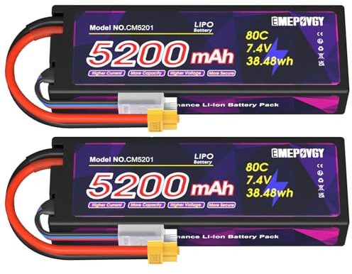 EMEPOVGY Batería Lipo de 7.4 V 2S 5200 mAh 80C Lipos funda rígida con conector XT60 para coches RC camiones 1/8 1/10 RC vehículos (2 paquetes)