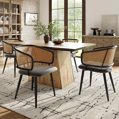 Generisch 4er Set Esszimmerstuhl, Wohnzimmerstuhl, Polsterstuhl mit Armlehne, Esszimmerstuhl mit Rattan Rückenlehne,Sitzkissen aus Samt Kissen, für Arbeitszimmer, Wohnzimmer, Schlafzimmer, Grau