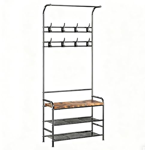 HAUSPROFI Minimalistische Garderobenständer mit Schuhwechselhocker und Doppelhaken, geeignet für Eingangsbereich, Flur, Schlafzimmer, Wohnzimmer etc., 60 x 30 x 180 cm (L x B x H) (Retro)